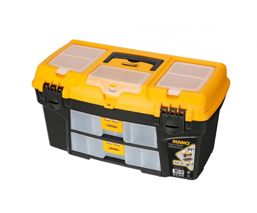 Plastic Tool Box With Upper Compartments And Sliding External Drawer, 21 Inches, Size 534×291×280 Mm, Brand: MANO, Made In Turkey