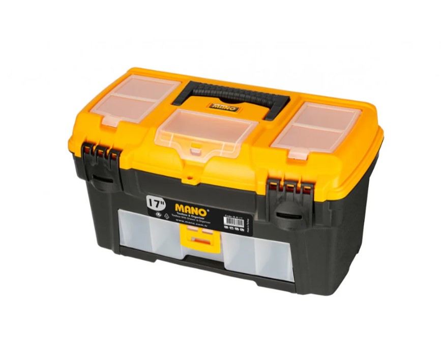 Plastic Tool Box With Upper Compartments And Sliding External Drawer, 17 Inches, Size 434×250×238 Mm, Brand: MANO, Made In Turkey