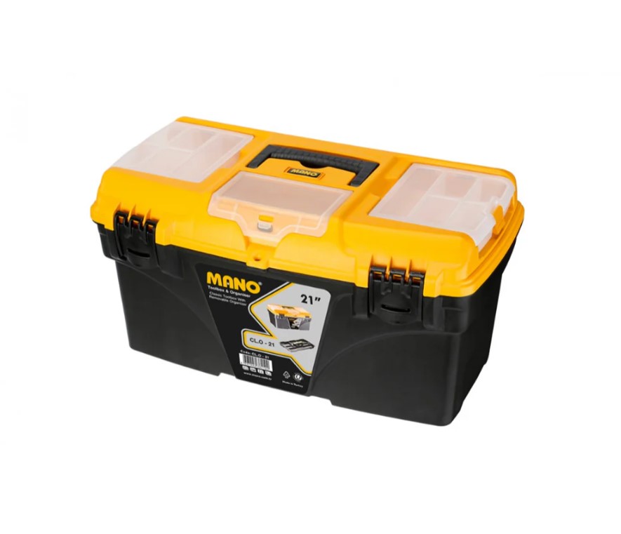 شنطة عدة بلاستيك بحوافظ علوية متحركة 21 بوصة مقاس 535×291×280 مم ماركة مانو صناعة تركي