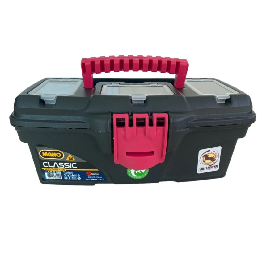 Plastic Tool Box With Upper Compartments, Red Color, New Model, 13 Inches, Size 320×165×135 Mm, Brand: MANO, Made In Turkey