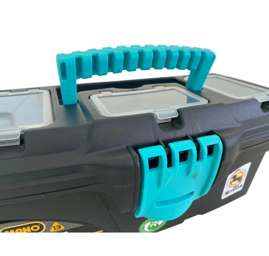 Plastic Tool Box With Upper Compartments, Turquoise Color, New Model, 13 Inches, Size 320×165×135 Mm, Brand: MANO, Made In Turkey