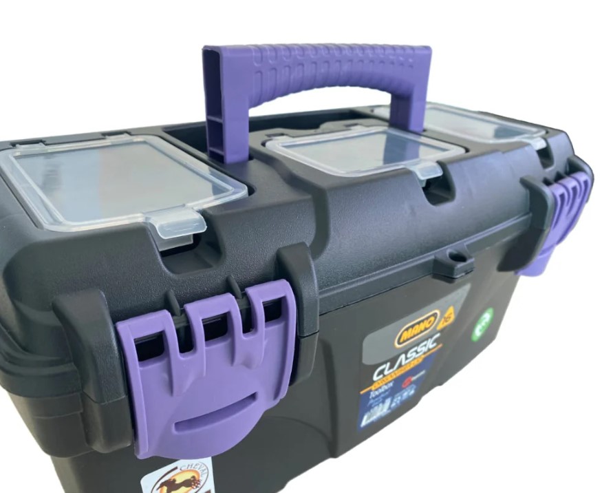 Plastic Tool Box With Upper Compartments, Purple Color, 16 Inches, Size 410×206×192 Mm, Brand: MANO, Made In Turkey.