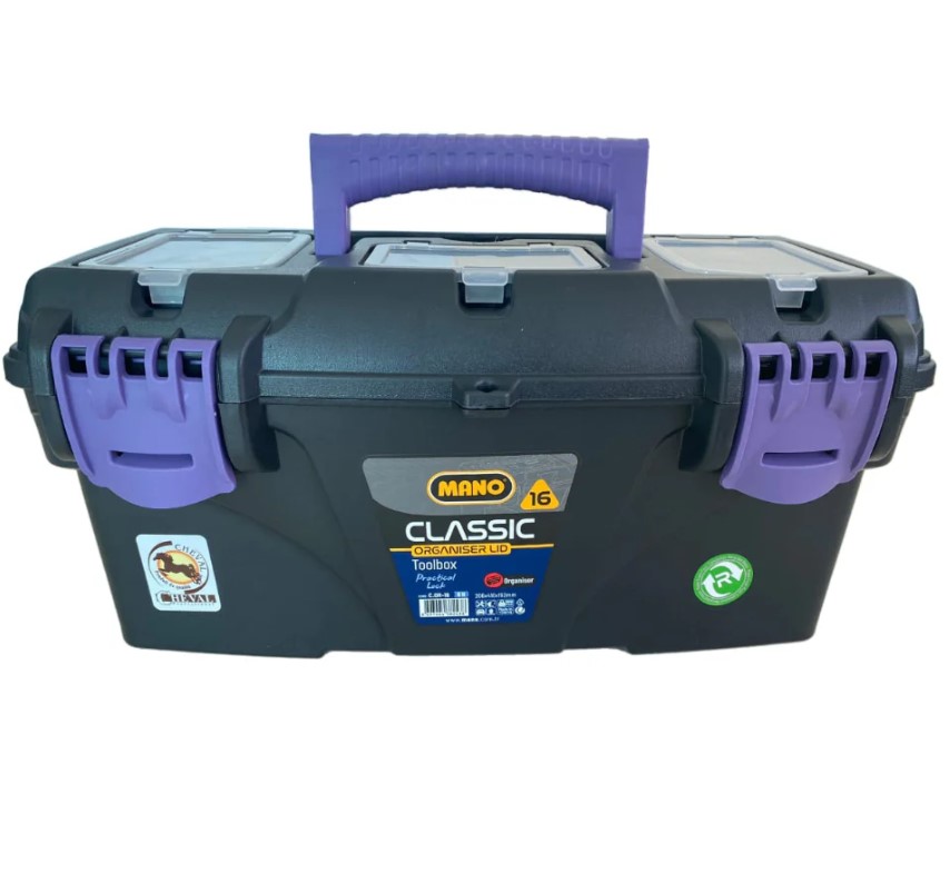 Plastic Tool Box With Upper Compartments, Purple Color, 16 Inches, Size 410×206×192 Mm, Brand: MANO, Made In Turkey.
