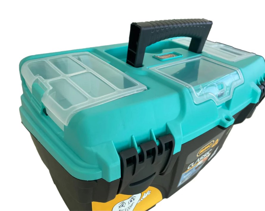 Plastic Tool Box With Upper Compartments And Movable Internal Drawers, Turquoise Color, New Model, 17 Inches, Size 434×250×238 Mm, Brand: MANO