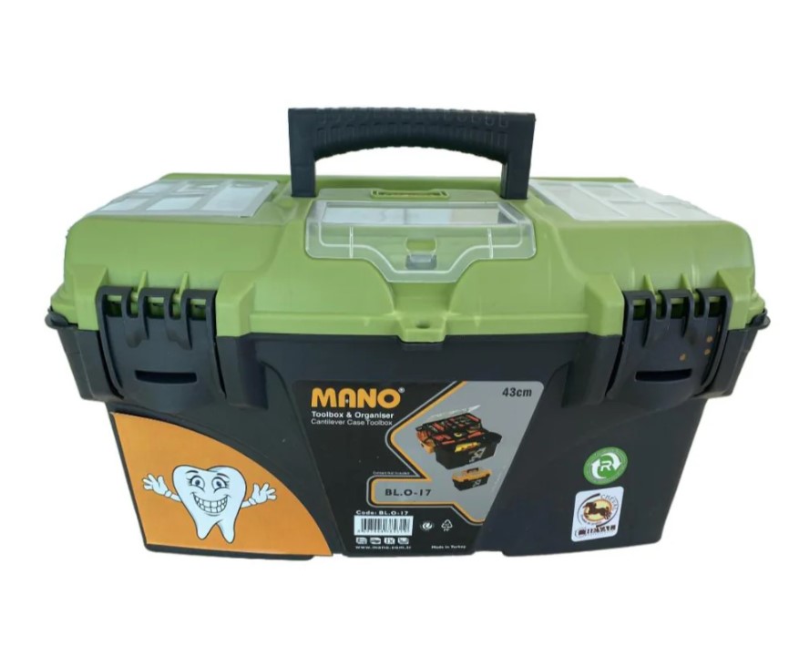 Plastic Tool Box With Upper Compartments And Movable Internal Drawers, Light Green Color, 17 Inches, Size 434×250×238 Mm, Brand: MANO, Made In Turkey