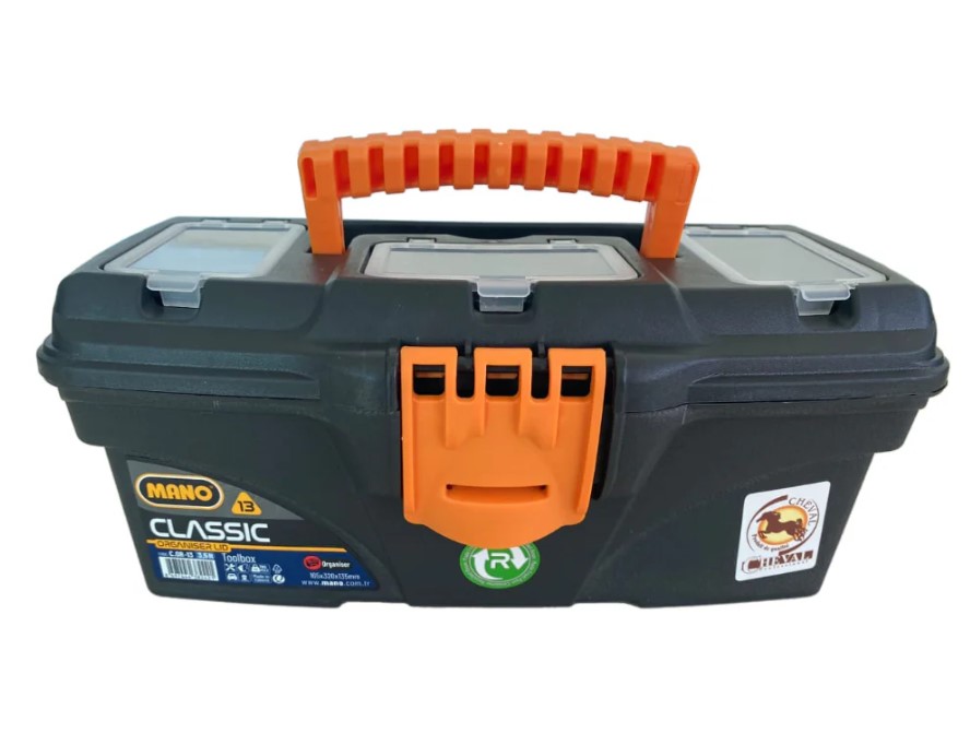 Plastic Tool Box With Upper Compartments, Yellow Color, 13 Inches, Size 320×165×135 Mm, Brand: MANO, Made In Turkey