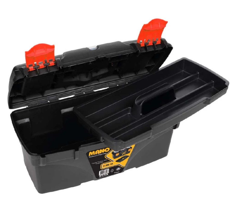 Plastic Tool Box With Upper Compartments, Red Color, 16 Inches, Size 410×206×192 Mm, Brand: MANO, Made In Turkey