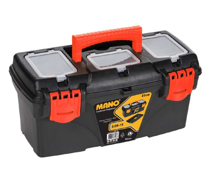 Plastic Tool Box With Upper Compartments, Red Color, 16 Inches, Size 410×206×192 Mm, Brand: MANO, Made In Turkey