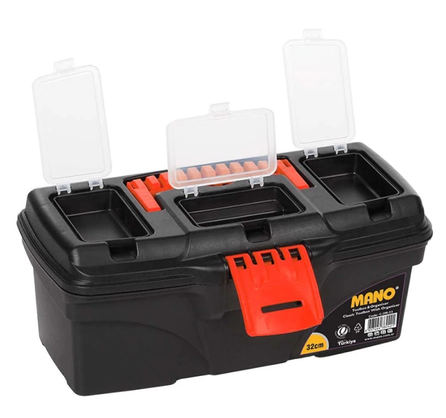 Plastic Tool Box With Upper Compartments, Red Color, 13 Inches, Size 320×165×135 Mm, Brand: MANO, Made In Turkey.