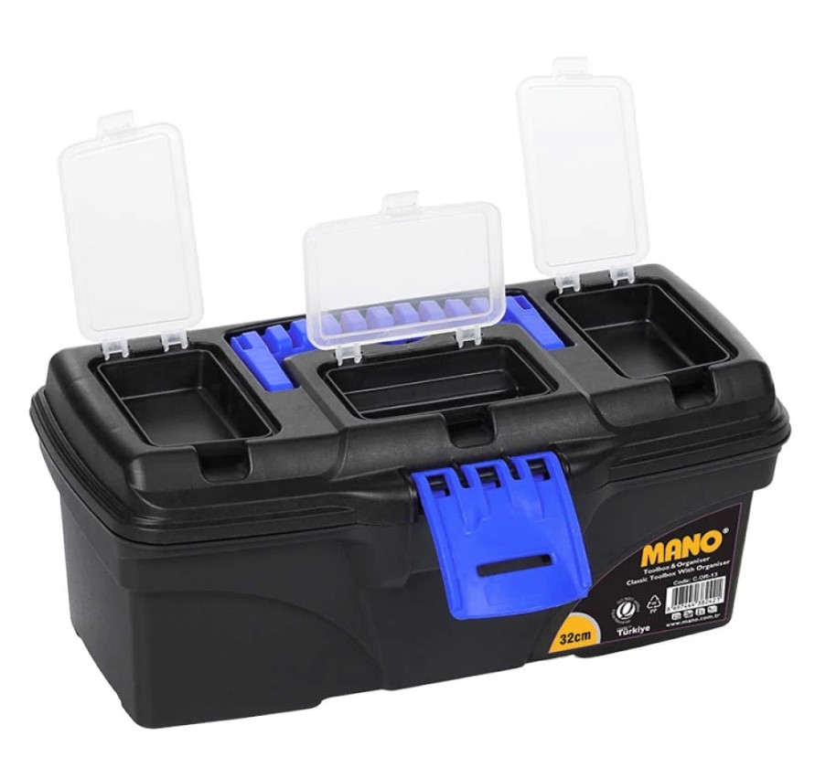 Plastic Tool Box With Upper Compartments, Blue Color, 13 Inches, Size 320×165×135 Mm, Brand: MANO, Made In Turkey