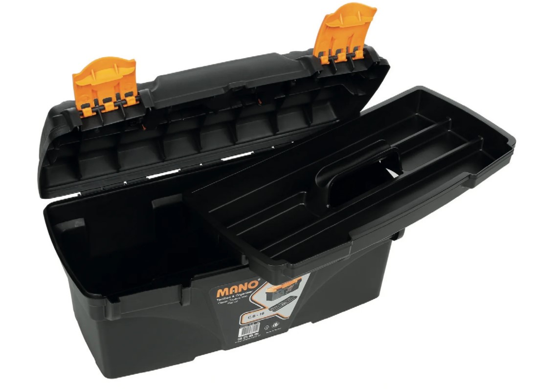 Plastic Tool Box, Turquoise Color, 16 Inches, Size 410×206×192 Mm, Brand: MANO, Made In Turkey.