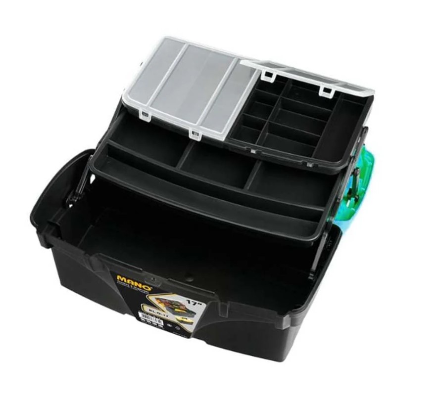 Plastic Tool Box With Upper Compartments And Internal Movable Drawers, Turquoise Color, 17 Inches, Size 434×250×238 Mm, Brand: MANO