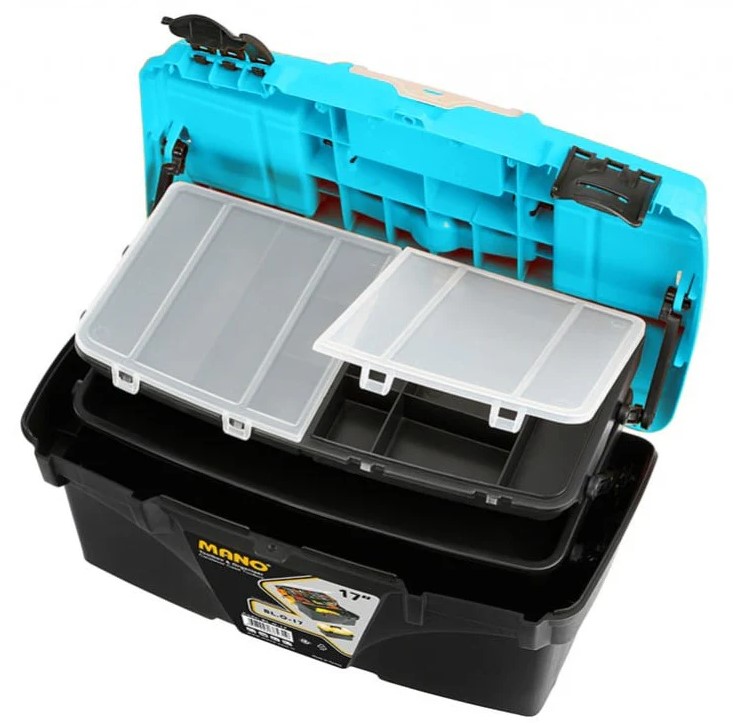 Plastic Tool Box With Upper Compartments And Internal Movable Drawers, Turquoise Color, 17 Inches, Size 434×250×238 Mm, Brand: MANO