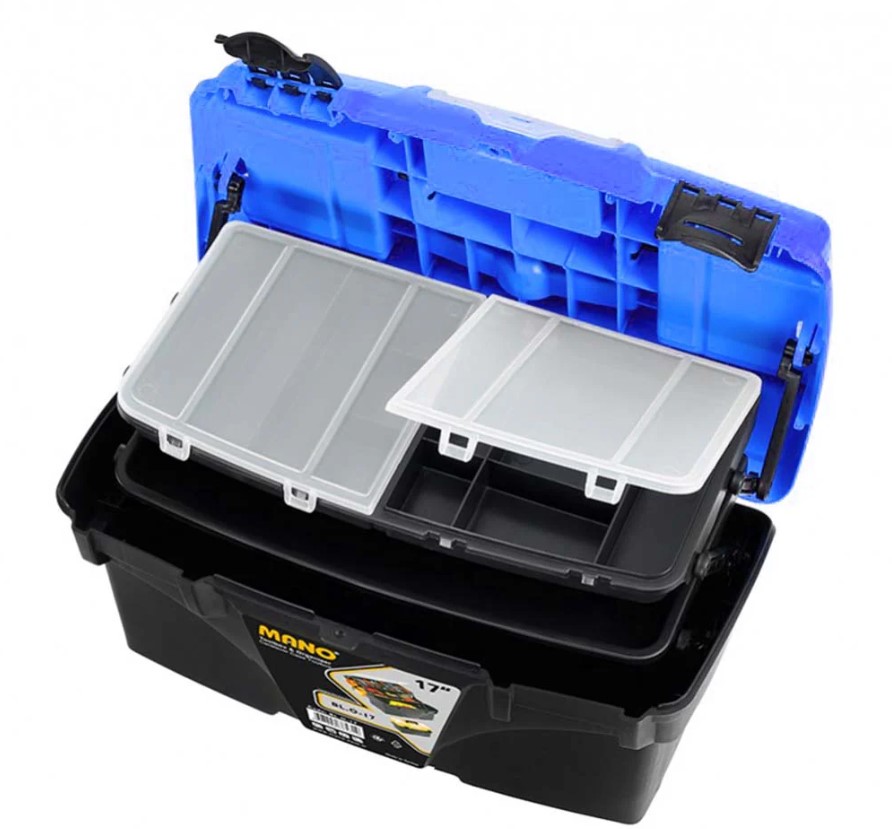 Plastic Tool Box With Upper Compartments And Internal Movable Drawers, Light Blue Color, 17 Inches, Size 434×250×238 Mm, Brand: MANO