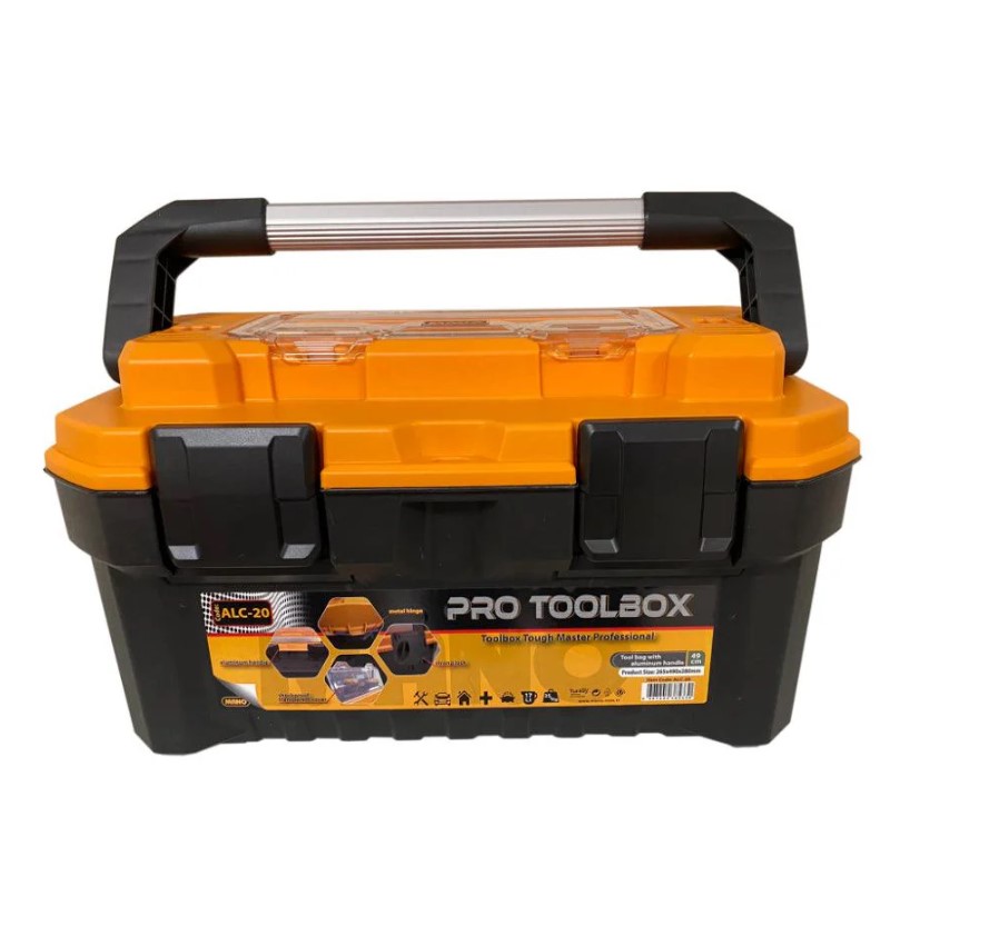Professional Plastic Tool Box With Aluminum Handle, Jumbo Size, 22 Inches, Dimensions: 300×550×373 Mm, Brand: Mano, Made In Turkey.