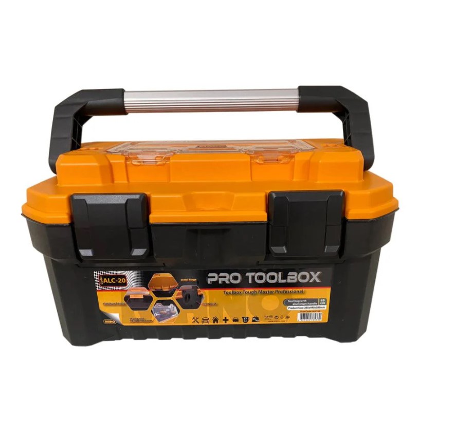 Professional Plastic Tool Box With Aluminum Handle, Jumbo Size, 20 Inches, Dimensions: 267×490×320 Mm, Brand: Mano, Made In Turkey.