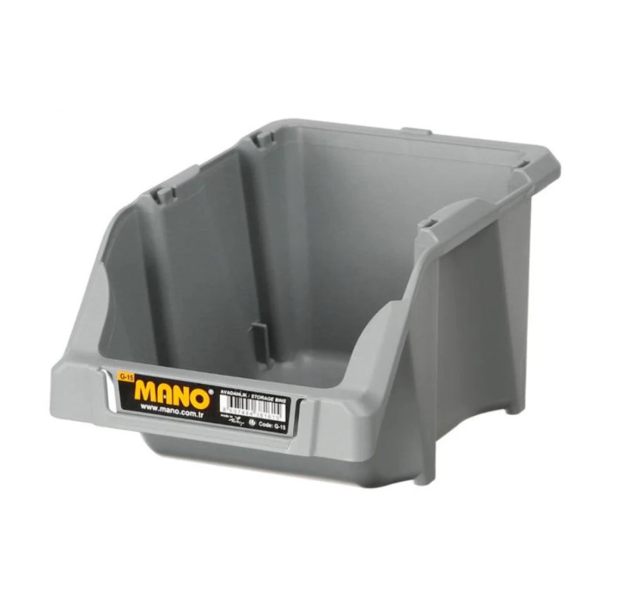 Open Plastic Storage Box, Gray Color, No. 15, Dimensions: 125×195×90 Mm, Brand: Mano, Made In Turkey.