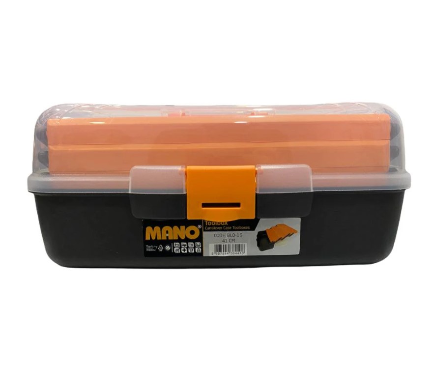 Plastic Tool Box With Top Compartments And Removable Inner Drawers, Transparent, 16 Inches, Dimensions: 198×411×179 Mm, Brand: Mano, Made In Turkey.