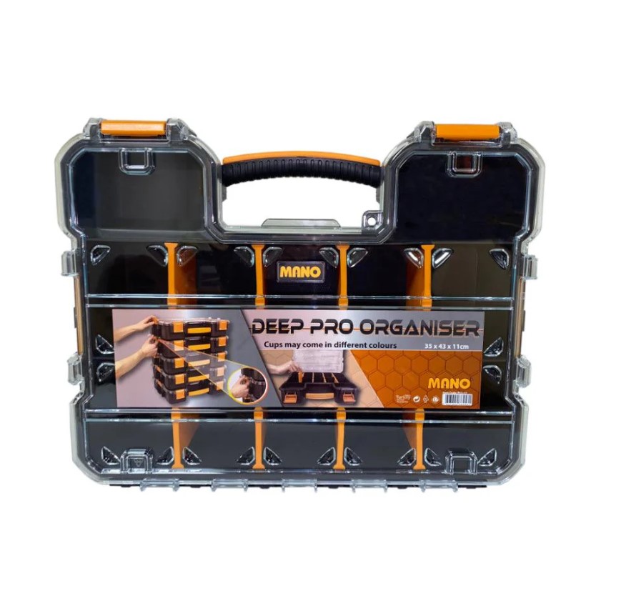 Heavy-Duty Plastic Tool Organizer With Removable Dividers, 17 Inches, Dimensions: 350×430×110 Mm, Brand: Mano, Made In Turkey.