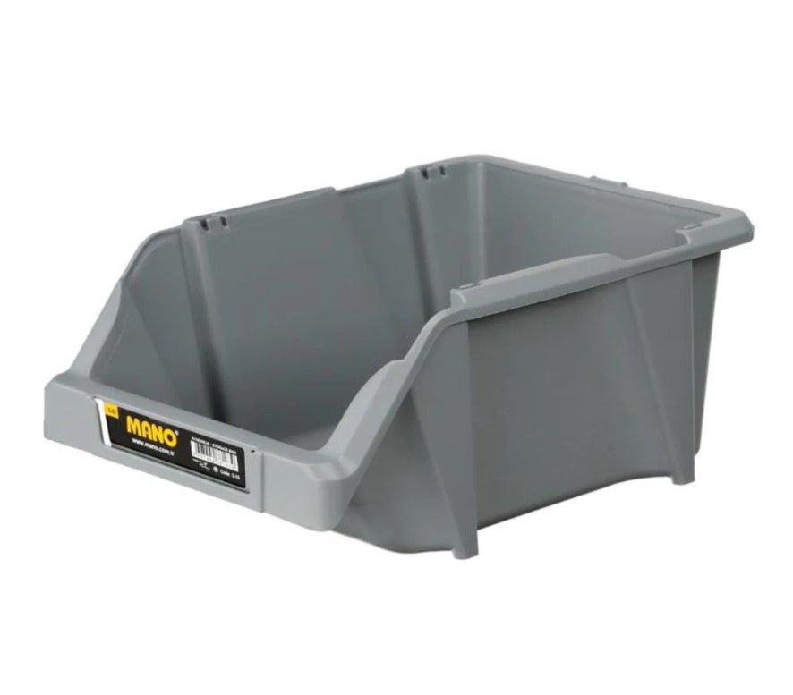 Open Plastic Storage Box, Gray Color, No. 25, Dimensions: 200×300×130 Mm, Brand: Mano, Made In Turkey.