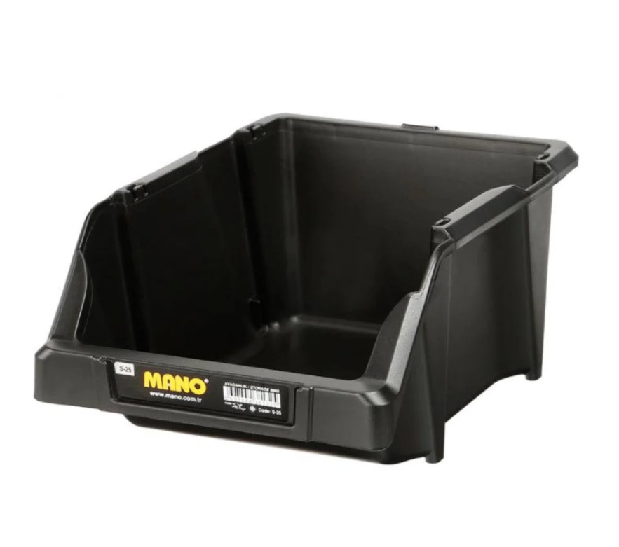Open Plastic Storage Box, Black Color, No. 25, Dimensions: 200×300×130 Mm, Brand: Mano, Made In Turkey.