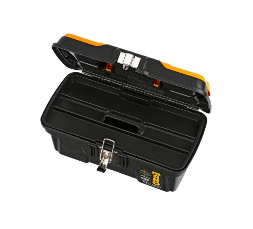 Heavy-Duty Plastic Tool Box With Metal Latch And Top Compartments, 13 Inches, Dimensions: 334×187×147 Mm, Brand: Mano, Made In Turkey.