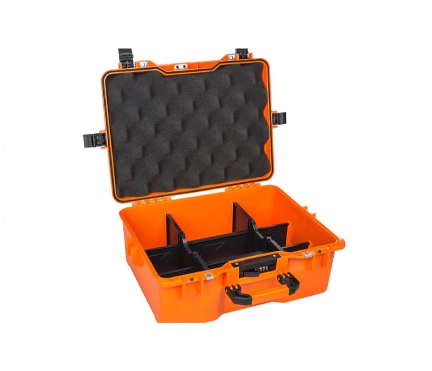 Heavy-Duty Plastic Case With High-Density Foam And Internal Dividers, Model 360 – Orange Color, Brand: Mano.