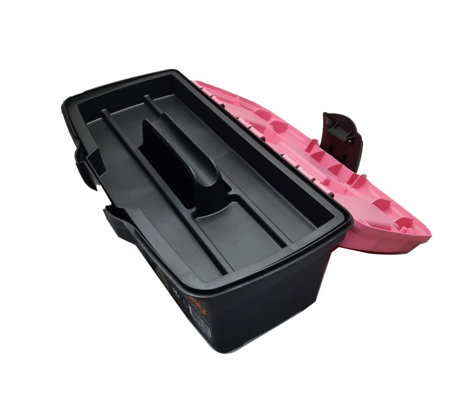 Plastic Tool Box With Top Compartments, 16 Inches, Pink Color, Dimensions: 410×209×195 Mm, Brand: Mano, Made In Turkey.