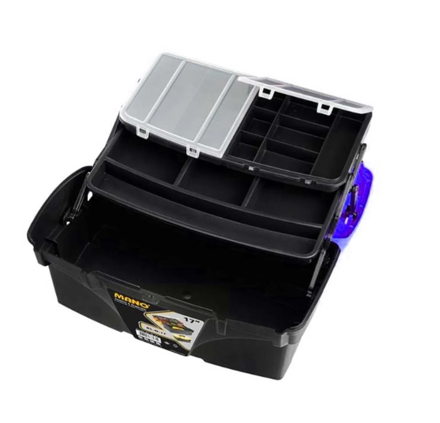 Plastic Tool Box With Top Compartments And Removable Inner Drawers, 17 Inches, Blue Color, Dimensions: 434×250×238 Mm, Brand: Mano, Made In Turkey.