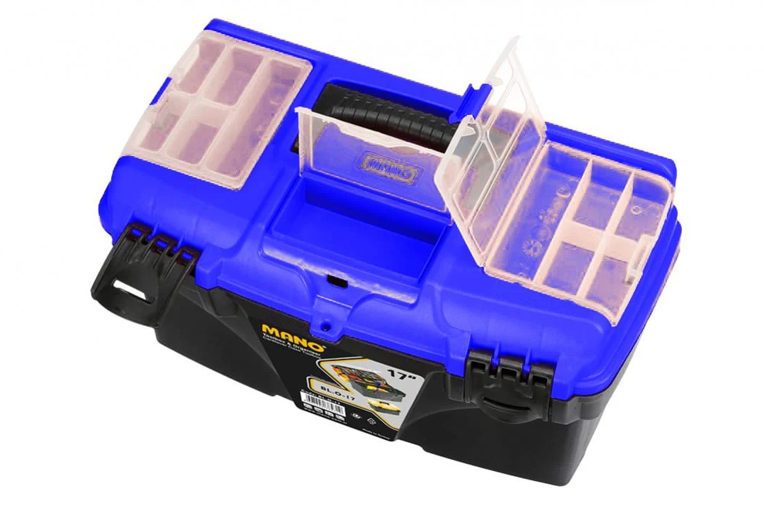 Plastic Tool Box With Top Compartments And Removable Inner Drawers, 17 Inches, Blue Color, Dimensions: 434×250×238 Mm, Brand: Mano, Made In Turkey.