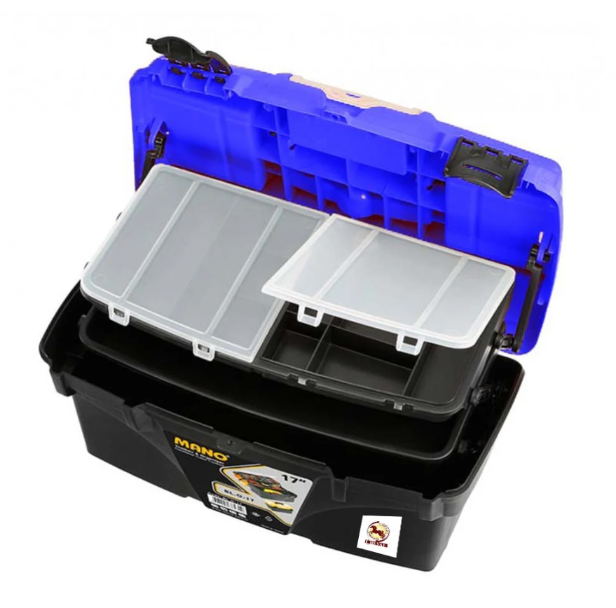شنطة عدة بلاستيك بحوافظ علوية وادراج داخلية متحركة 17 بوصة لون ازرق مقاس 434×250×238 مم ماركة مانو صناعة تركي