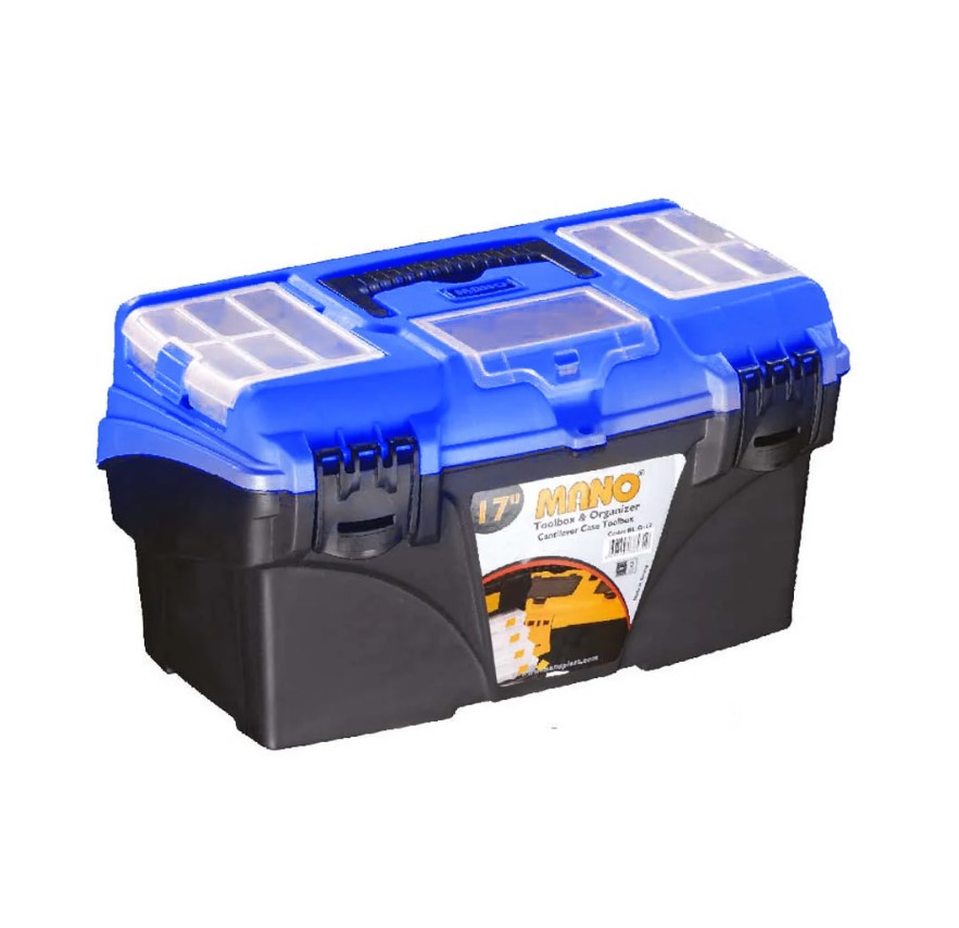 Plastic Tool Box With Top Compartments And Removable Inner Drawers, 17 Inches, Blue Color, Dimensions: 434×250×238 Mm, Brand: Mano, Made In Turkey.