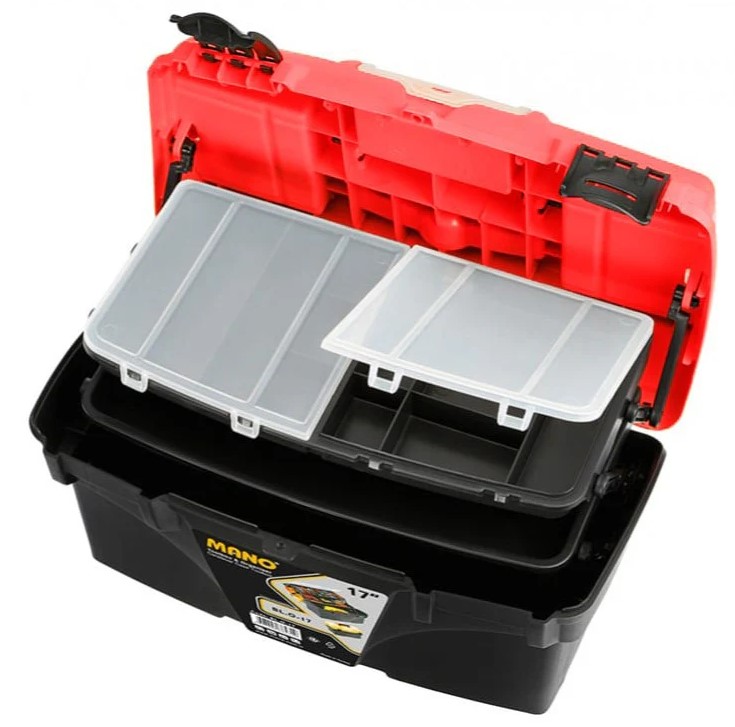 Plastic Tool Box With Top Compartments And Removable Inner Drawers, 17 Inches, Red Color, Dimensions: 434×250×238 Mm, Brand: Mano, Made In Turkey.
