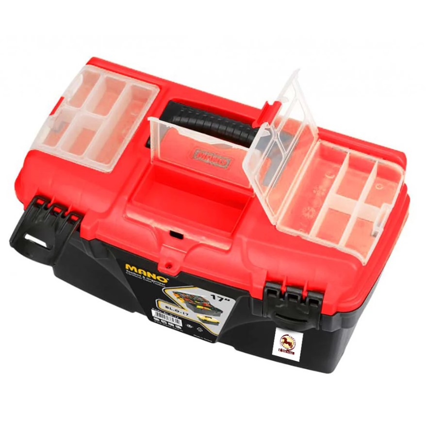 شنطة عدة بلاستيك بحوافظ علوية وادراج داخلية متحركة 17 بوصة لون احمر مقاس 434×250×238 مم ماركة مانو صناعة تركي