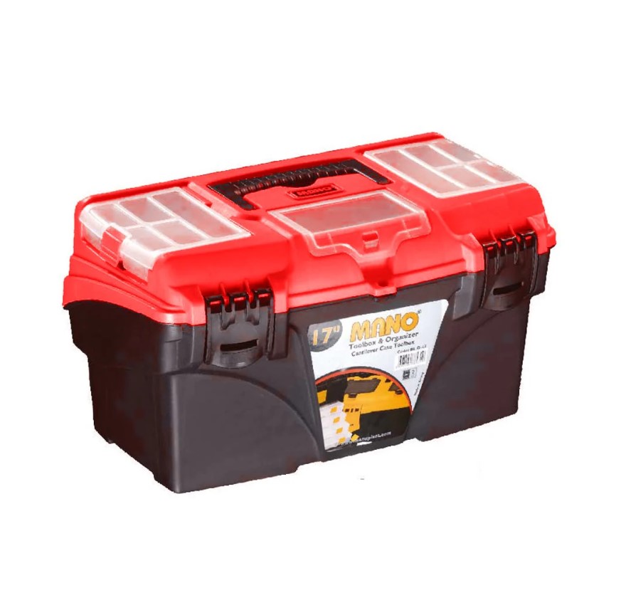 Plastic Tool Box With Top Compartments And Removable Inner Drawers, 17 Inches, Red Color, Dimensions: 434×250×238 Mm, Brand: Mano, Made In Turkey.