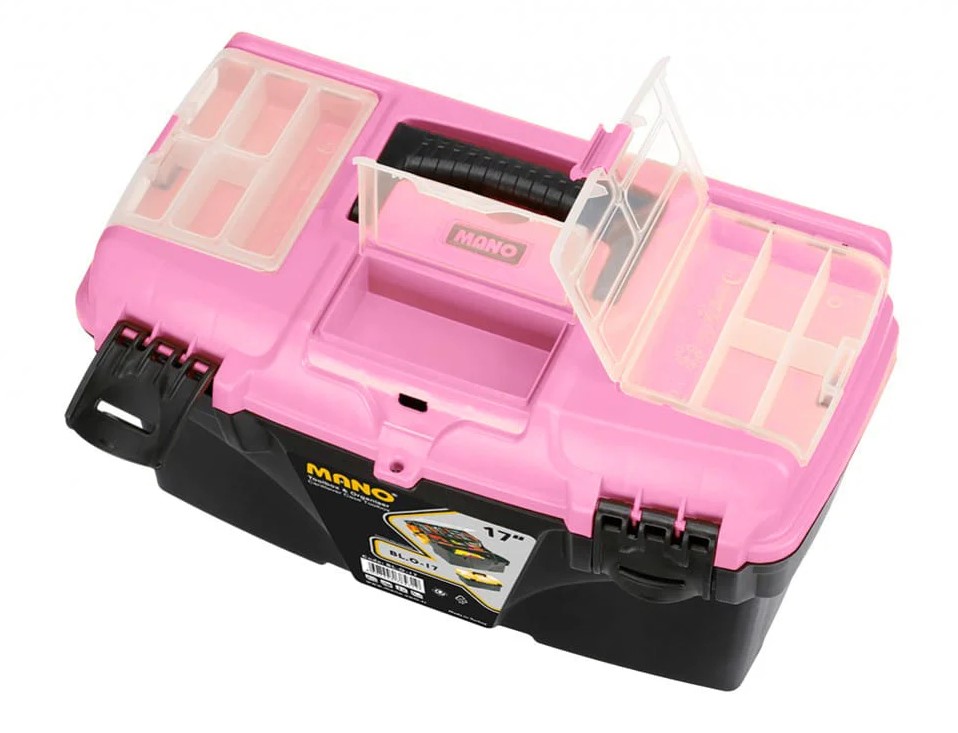 شنطة عدة بلاستيك بحوافظ علوية وادراج داخلية متحركة 17 بوصة لون بينك مقاس 434×250×238 مم ماركة مانو صناعة تركي