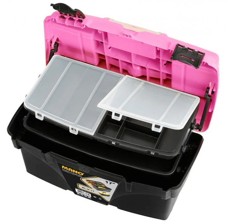 Plastic Tool Box With Top Compartments And Removable Inner Drawers, 17 Inches, Pink Color, Dimensions: 434×250×238 Mm, Brand: Mano, Made In Turkey.