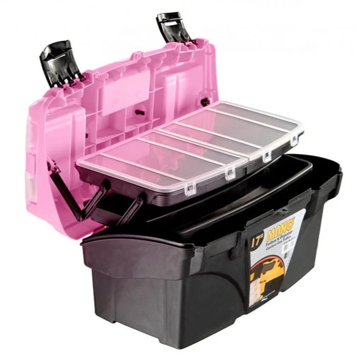 شنطة عدة بلاستيك بحوافظ علوية وادراج داخلية متحركة 17 بوصة لون بينك مقاس 434×250×238 مم ماركة مانو صناعة تركي