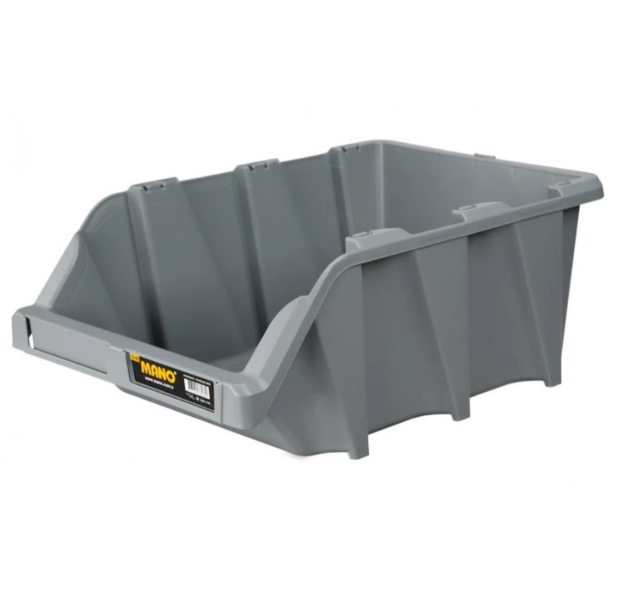 Open Plastic Storage Box, Gray Color, No. 45, Dimensions: 365×555×227 Mm, Brand: Mano, Made In Turkey.
