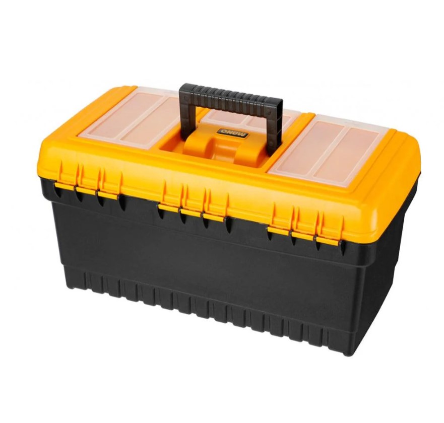 Plastic Tool Box With Metal Latch And Top Compartments, 19-inch Size (486×267×242 Mm), Manno Brand, Made In Turkey.