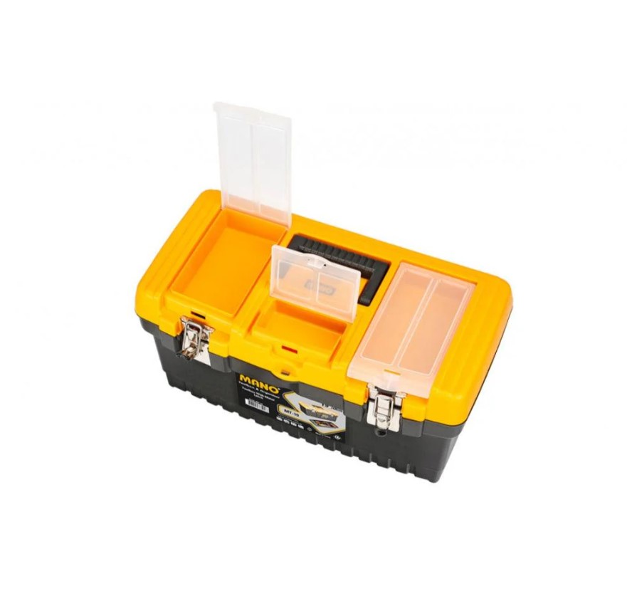 Plastic Tool Box With Metal Latch And Top Compartments, 19-inch Size (486×267×242 Mm), Manno Brand, Made In Turkey.