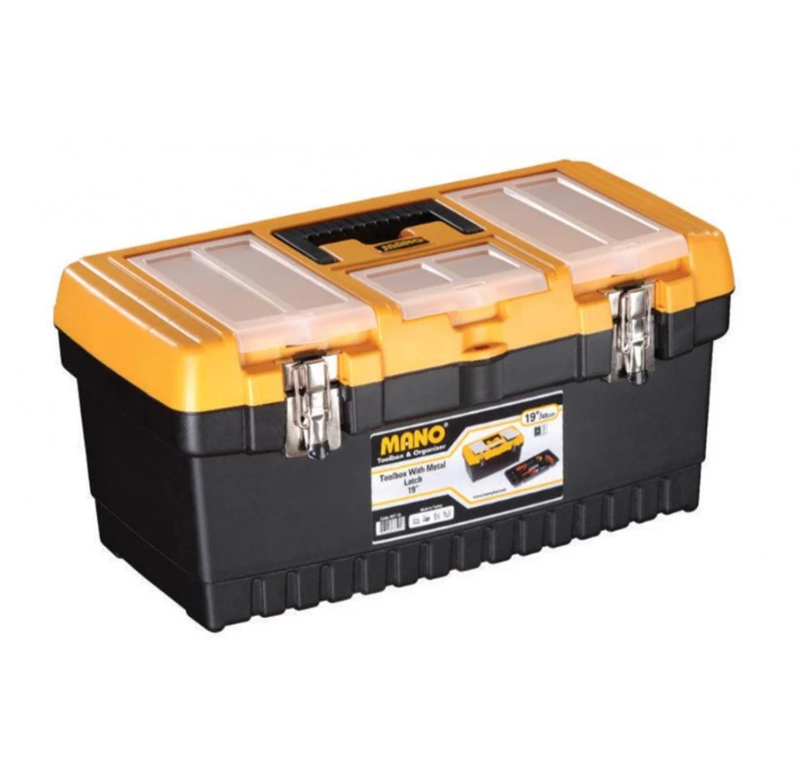 شنطة عدة بلاستيك قفل معدن بحوافظ علوية 19 بوصة مقاس 486×267×242 مم ماركة مانو صناعة تركي