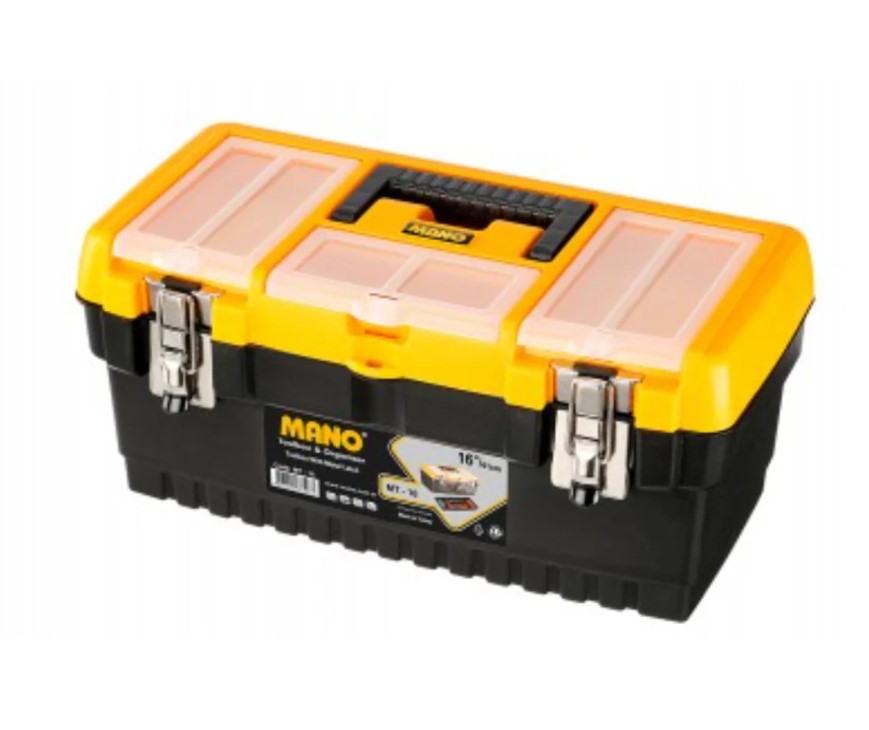 Plastic Tool Box With Metal Latch And Top Compartments, 16-inch Size (413×212×186 Mm), Mano Brand, Made In Turkey.