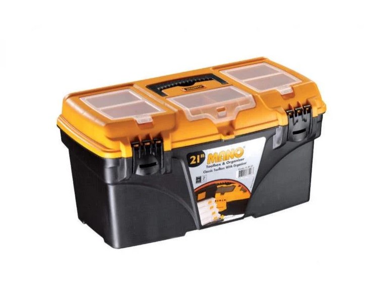 Plastic Tool Box With Top Compartments, 21-inch Size (535×291×280 Mm), Mano Brand, Made In Turkey.