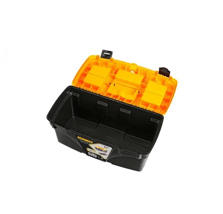 Plastic Tool Box With Top Compartments, 21-inch Size (535×291×280 Mm), Mano Brand, Made In Turkey.