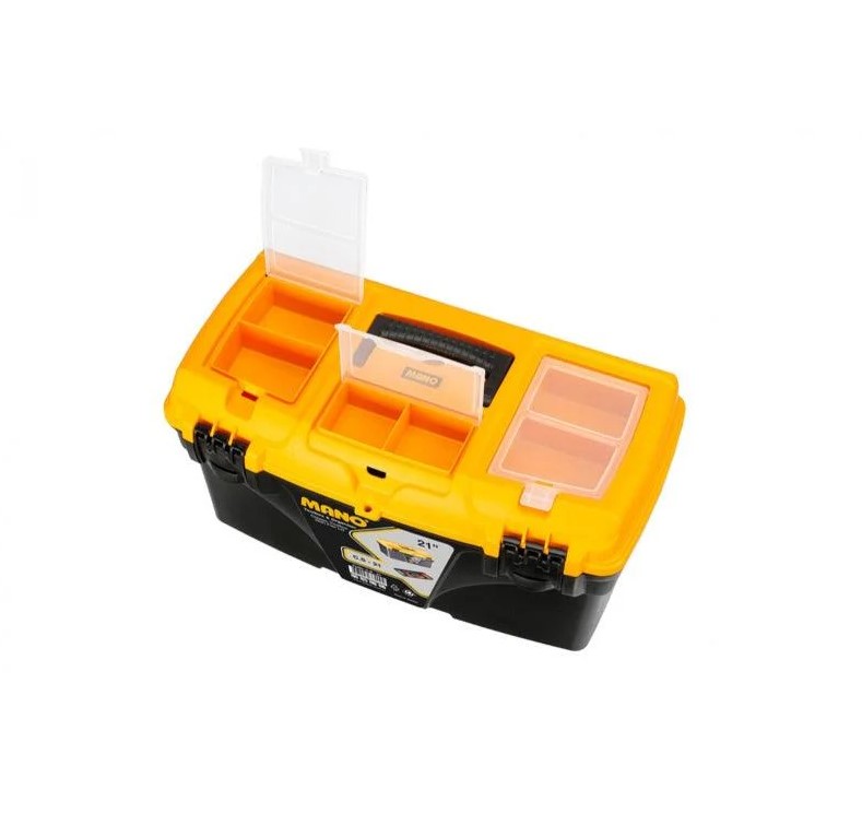 Plastic Tool Box With Top Compartments, 21-inch Size (535×291×280 Mm), Mano Brand, Made In Turkey.