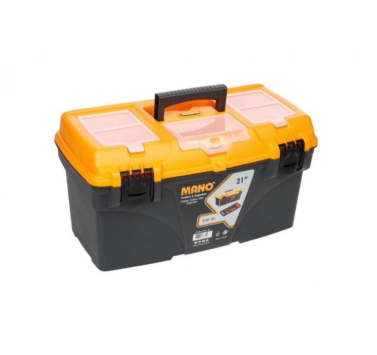 Plastic Tool Box With Top Compartments, 21-inch Size (535×291×280 Mm), Mano Brand, Made In Turkey.