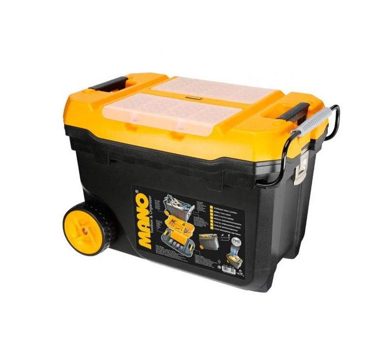 شنطة عدة بعجل وادراج علوية وداخلي نظام ترولي قفل معدن 28 بوصة مقاس 380×595×420 مم ماركة مانو صناعة تركي