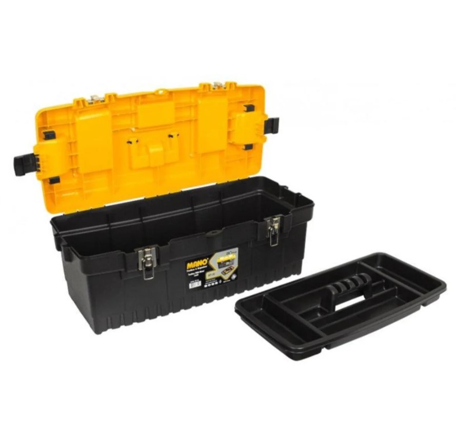 Plastic Tool Box With Metal Latch And Top Compartments, 26-inch Size (710×315×290 Mm), Mano Brand, Made In Turkey.