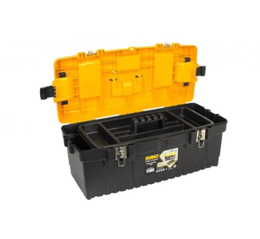 Plastic Tool Box With Metal Latch And Top Compartments, 26-inch Size (710×315×290 Mm), Mano Brand, Made In Turkey.